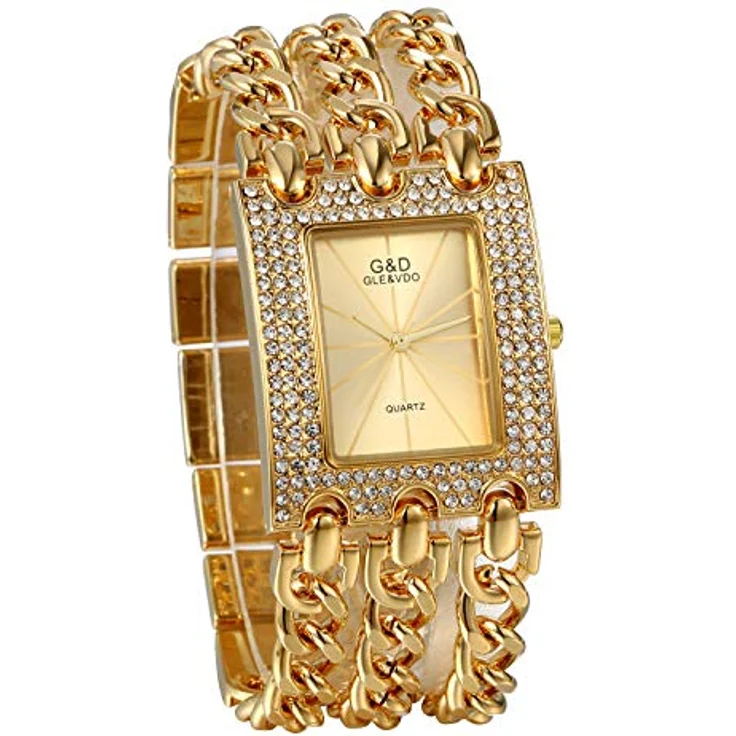 JewelryWe Damen Uhr Elegant Analog Quarz Armbanduhr mit Strass, rechteckig, dreifach Panzerkette Armband, Gold – Bild 1