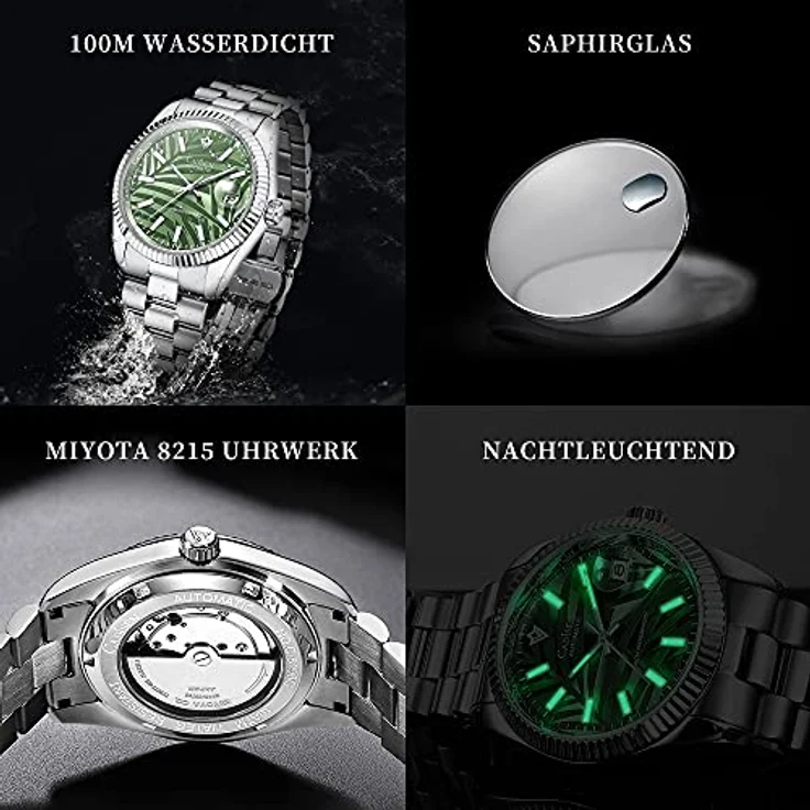 CADISEN Automatik Uhr Herren Mechanische Uhr, Präzises Automatikwerk, Saphirglas, Edelstahlarmband, Wasserdicht bis 100 m, Grün – Bild 3