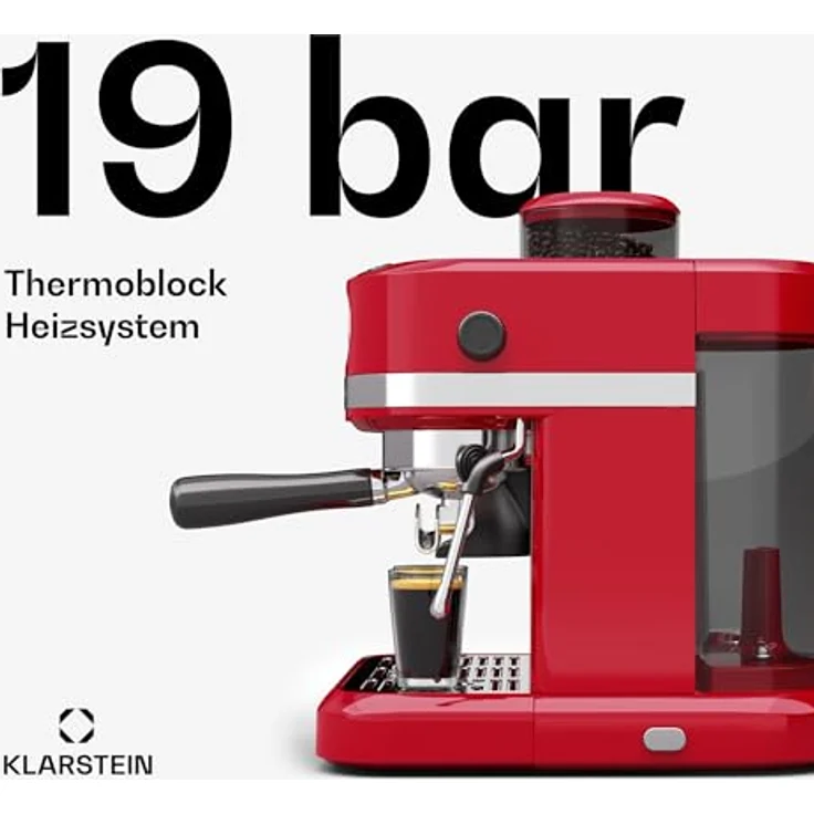 Klarstein Bella Café Siebträgermaschine Mit Mahlwerk – 19 Bar, 1.550 W, 1,4-l-Wassertank, Integriertes Kegelmahlwerk, Milchaufschäumer, 2 Tasseneinsätze, Kunststoff, Rot – Bild 3