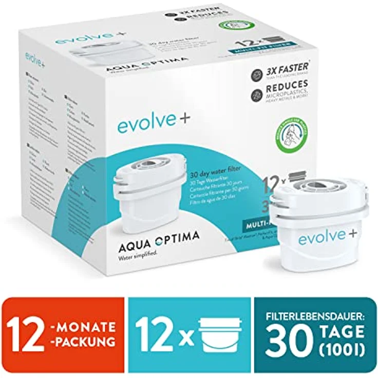 Aqua Optima Wasserfilterkartusche, Evolve+ 12er Pack (Vorrat für 12 Monate), kompatibel mit Brita Maxtra+ & PerfectFit, 5-stufiges Filtersystem reduziert Chlor, Kalk und andere Verunreinigungen - Preisvergleich – Bild 2