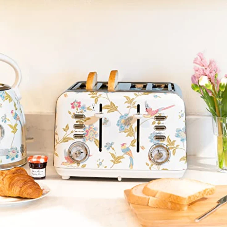 VQ Laura Ashley 4-Scheiben-Toaster, Vintage Edelstahl-Toaster mit 7 einstellbaren Wärmeinstellungen und Croissant-Aufsatz, China Rose – Bild 2