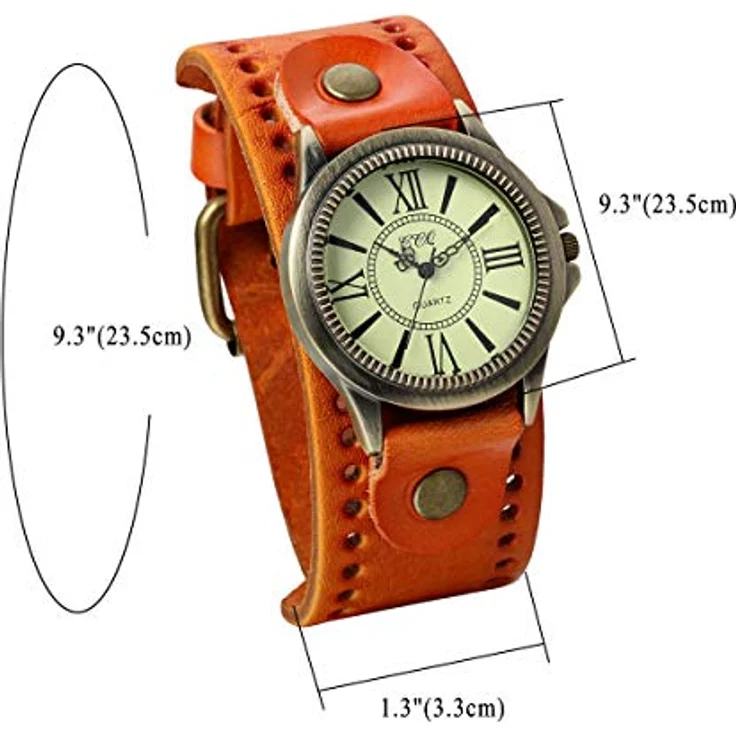 JewelryWe Damen Vintage Casual Analog Quarz Armbanduhr, Lederband, römische Ziffern, Zifferblatt orange, wasserdicht – Bild 5