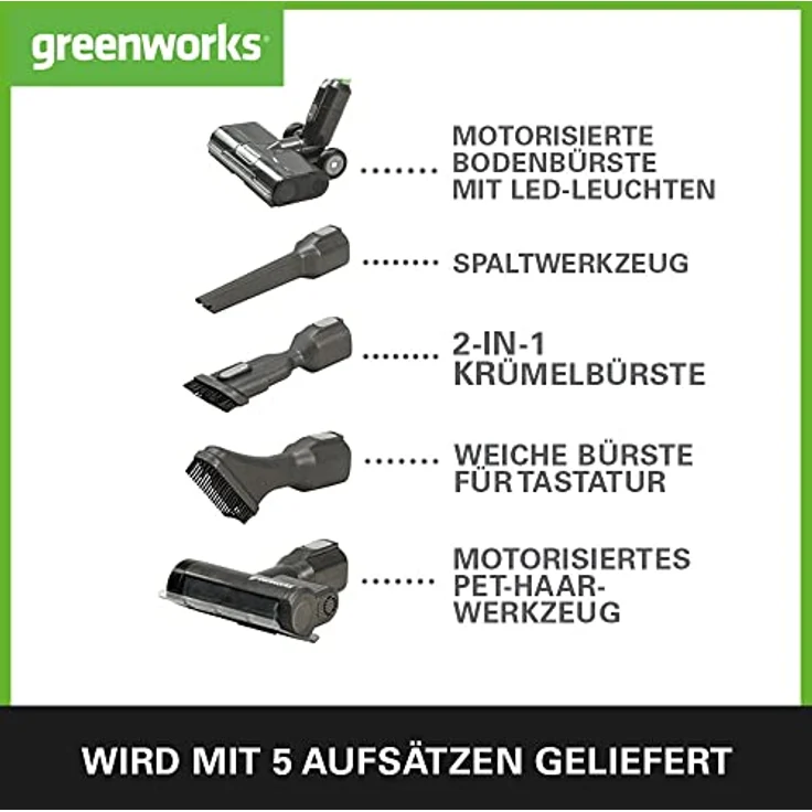 Greenworks GD24SV Kabelloser Staubsauger, hohe Saugleistung, 45 Minuten Laufzeit, Hepa-Filter, Tierhaaraufsatz, 3 Leistungsstufen OHNE Akku und Ladegerät, 3 Jahre Garantie – Bild 2