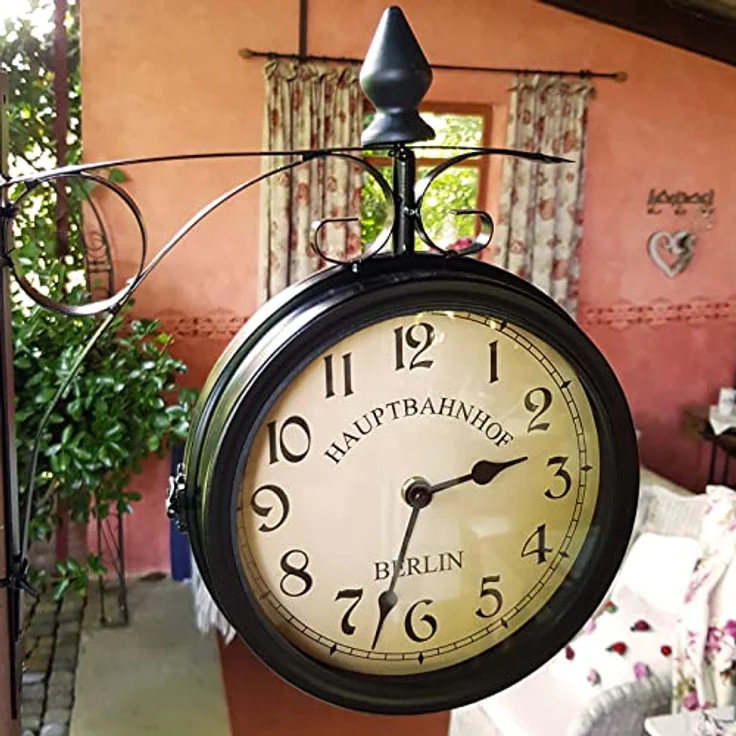 Monzana Wanduhr Vintage Quarzuhrwerke Mit Beidseitigem Ziffernblatt Doppelseitige Bahnhofsuhr Schmiedeeisern Retro Schwarz - Preisvergleich – Bild 2