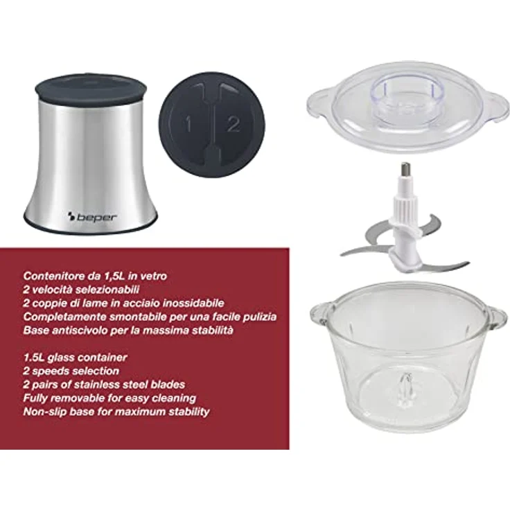 Beper P102ROB001 Zerkleinerer, 500W, 2 Geschwindigkeitsstufen, 1,5 L Behälter, Edelstahl, Glas, grau – Bild 5