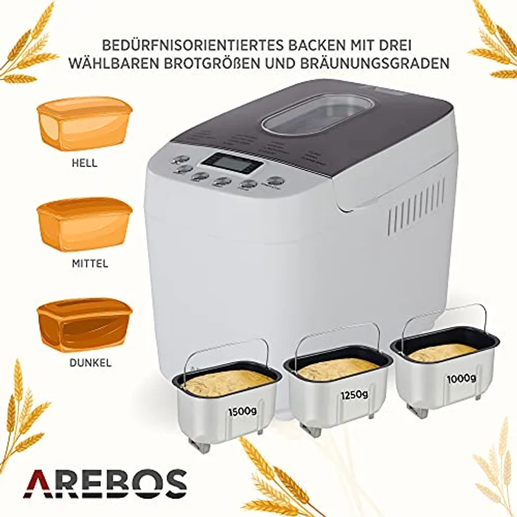 Arebos Brotbackautomat 1500g | mit 15 Programmen | 2 Knethaken | Timer | LCD Display | 3 Bräunungsgrade und Brotgrößen | 850 W | Weiß – Bild 4