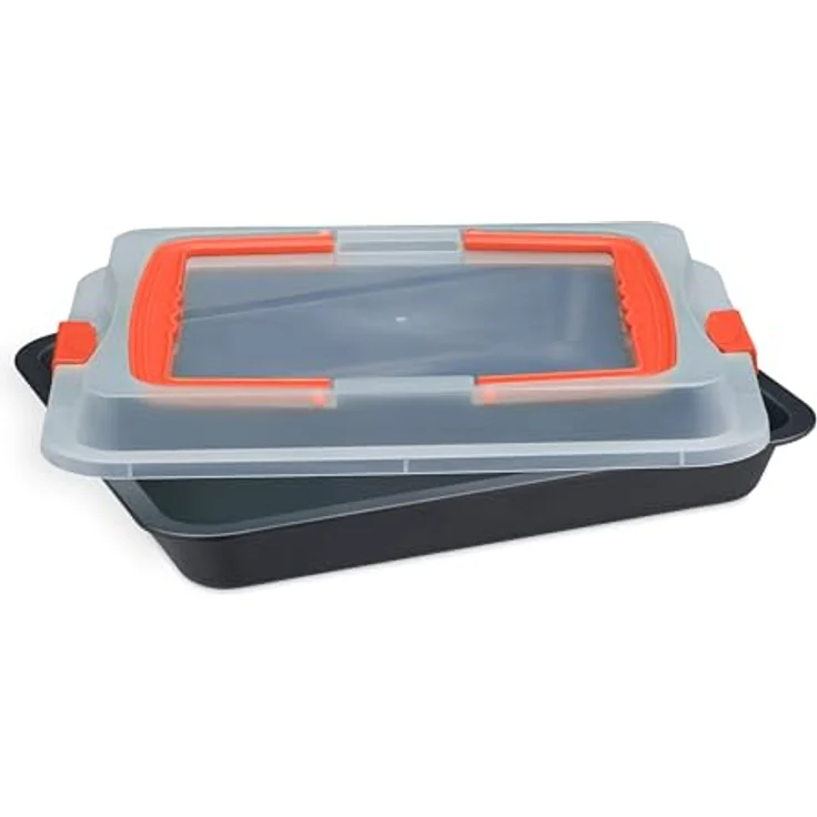 relaxdays Backblech mit Deckel, 3-in-1 Kuchenform aus Carbon-Stahl, rot, antihaftbeschichtet, mit Tragegriffen und Verschlussclips – Bild 7