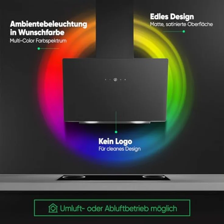 Bomann Dunstabzugshaube 60cm DU 7611 G | bunte LED Beleuchtung | Umluft & Abluft | leise Kopffreihaube | mattschwarz – Bild 2
