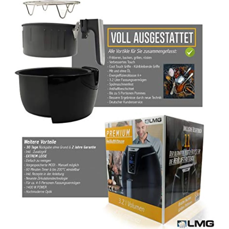 LMG Germany Heißluftfritteuse GLA610, 1400 W, 3,2 L, Touchdisplay, 7 Programme, leise, A+, spülmaschinenfest, bis 200 °C – Bild 4