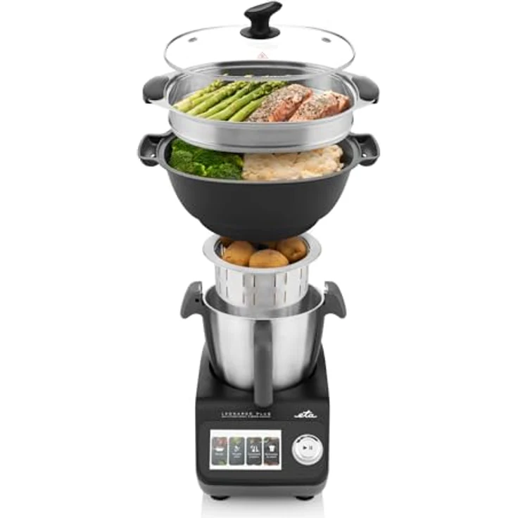 ETA Leonardo Plus I Küchenmaschine mit Kochfunktion und Waage I Dämpfen I Garen I 1000 W I 3.5l Edelstahlschüssel I LCD Display mit vielen integrierten Rezepten I 15 Funktionen I Schwarz – Bild 2