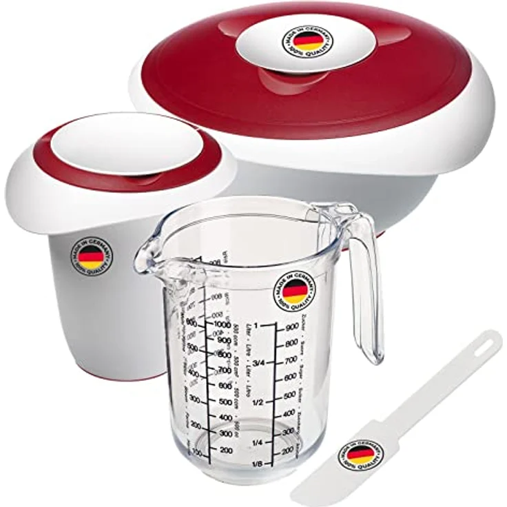 Westmark Back-Set, 4tlg. bestehend aus Rührschüssel (3,5L), Quirltopf (1L), Messkanne (1L) und Schaber/Kuchenlöser, Kunststoff, Weiß/Rot/Transparent, 315522E7 – Bild 1