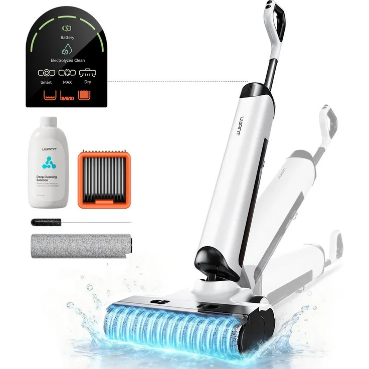 UWANT D500 Nass-Trocken-Akkusauger, 230 W mit Echtzeit-Elektrolysewasser, 65°C Heißtrocknung, IPX6 wasserdichte Bodenbürste