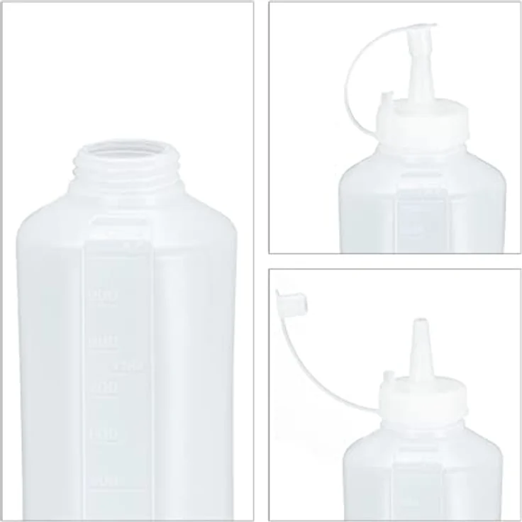 relaxdays Dressing Shaker Quetschflasche 1000 ml 4er Set, transparente Kunststoffflaschen für Ketchup, Senf und Saucen, punktgenaue Dosierung – Bild 6