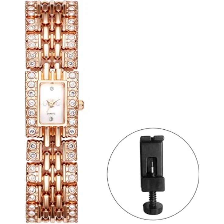 JewelryWe Rechteckige Damenuhr mit vollbesetztem Diamantdesign, analoges Quarzwerk, rosegoldenes Metallarmband, ultradünn, luxuriös und elegant – Bild 5
