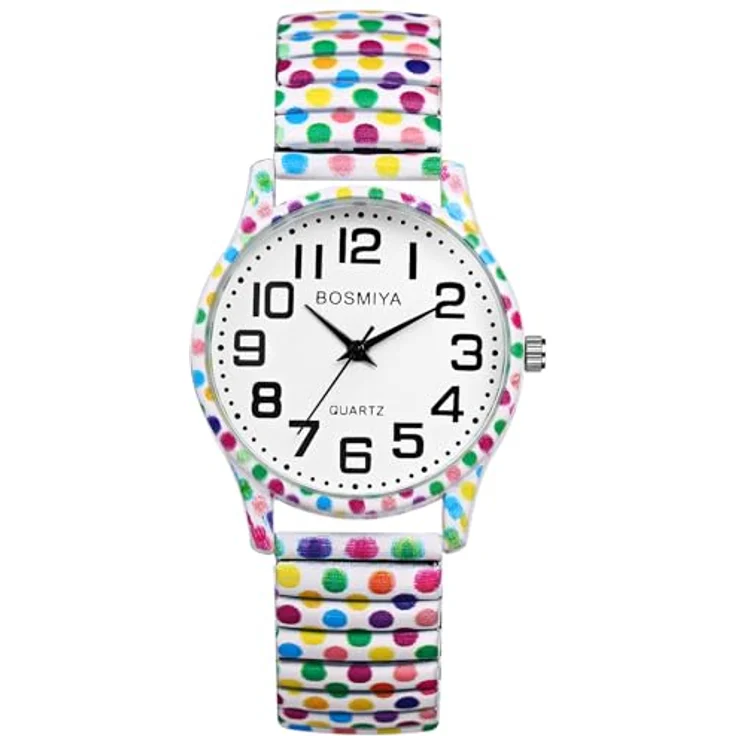JewelryWe Boho Damenuhr, Elastische Quarz Armbanduhr mit Bunte Polka Dots, Edelstahl Zugarmband, 10M Wasserdichtigkeit, Große Zahlen Zifferblatt – Bild 1