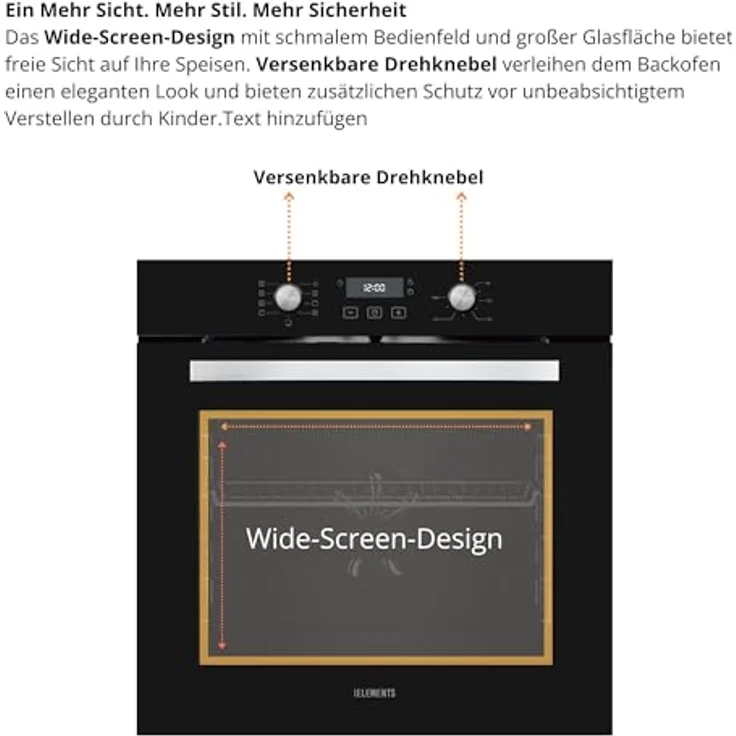 KB ELEMENTS ELK75EV2 Einbaubackofen 60cm, 73 Liter, Aqua Clean, Circle Fan Heater, Wide-Screen-Window, versenkbare Drehknebel, EU-Stecker – Bild 3