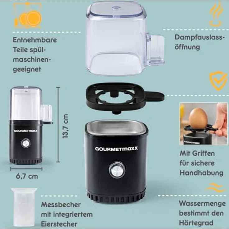 GOURMETmaxx Mini Eierkocher für 1 Ei, kompakt mit Eierstecher und 3 Härtegraden, spülmaschinenfeste Teile, schwarz – Bild 2
