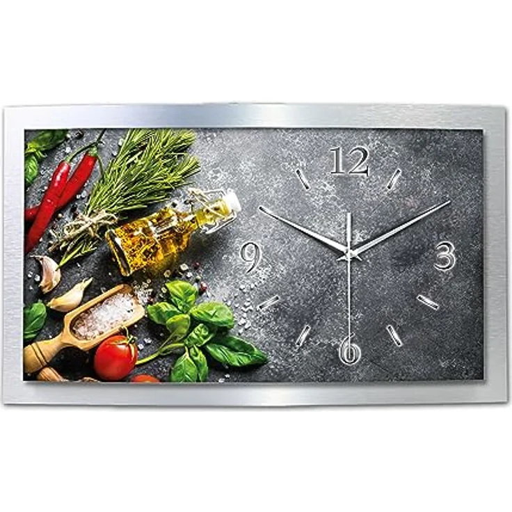 Kreative Feder Frische Küche Wanduhr 3D XXL Designer leise Funk Motiv Funkuhr Wandbild modernes Design WAA119FL (50x30 cm leise Funkuhr) in gebürstetem Alu-Verbund – Bild 1