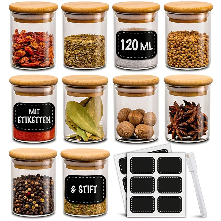 Niboline Gewürzbehälter 10er Set 120ml - Luftdicht - Spülmaschinenfest - Transparente Gewürzgläser für Gewürze und Kräuter – Bild 1
