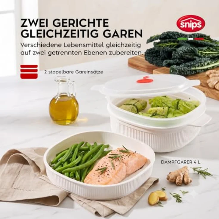 Snips Microwave Frischhaltedosen Set 5, Dampfgarer und Reiskocher für Mikrowelle, 2L/4L, Eierkocher und Suppentasse, Made in Italy – Bild 5