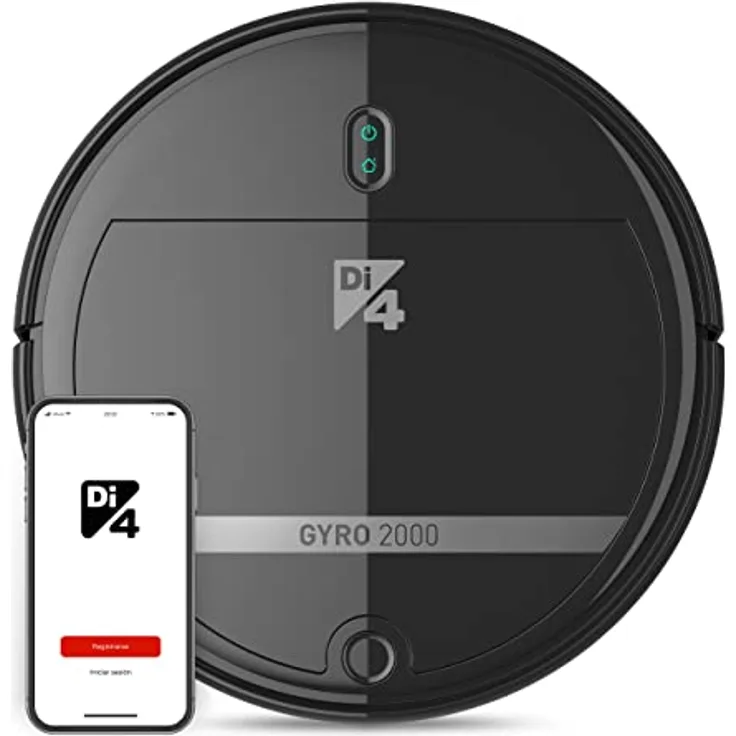 Di4 Gyro 2000 Roboterstaubsauger 4in1, Saugen, Kehren, Schrubben und Wischen, APP-Steuerung Alexa und Google Home, 5 Reinigungsprogramme, 2000PA, Automatisch Wiederaufladbar, Programmierbar, 120min
