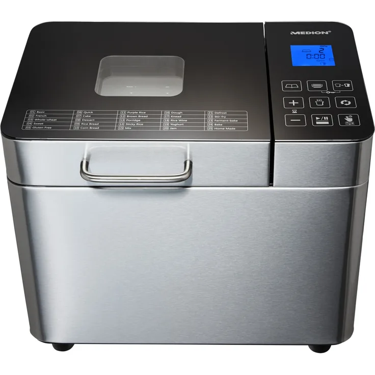Medion MD 10241 Brotbackautomat, 25 Programme,  Bräunungsgradeinstellung, Startzeitvorwahl, Warmhaltefunktion, Zeitschaltung, Edelstahl, silber
