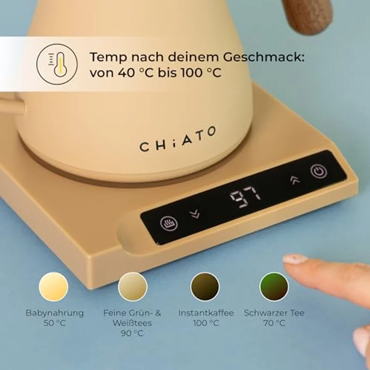 CHiATO flowPLAY Wasserkocher, 360° drehbar mit präzisem Schwanenhals-Ausguss und Touch-Display, 0,6 Liter, Temperatur einstellbar von 40 bis 100 °C, Schwarz – Bild 4