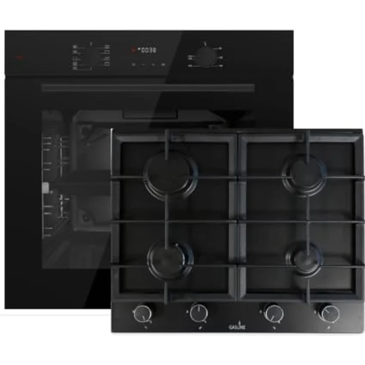 Böhme Herdset Einbaubackofen HB60F78PPB 78L Heißluft + Gasline GAG60INB 60 cm Gaskochfeld Schwarz Matt, 4 Gasbrenner, Energieeffizienzklasse A, LED-Display, Teleskopauszug – Bild 1
