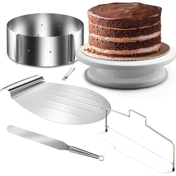 4smile Torten-Zubehör-Set 5 Teile, verstellbarer Tortenring hoch 8,5 cm, Tortenschneider, Tortenheber, drehbare Tortenplatte, Streichpalette, Edelstahl – Bild 1