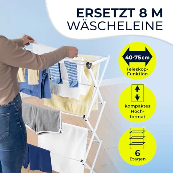 EASYmaxx Teleskop Wäscheständer 800, Wäscheturm mit 8 m Trockenlänge, faltbar und platzsparend, Standtrockner in klein und schmal, leicht klappbar, robust aus pulverbeschichtetem Stahl, ideal für kleine Haushalte – Bild 2