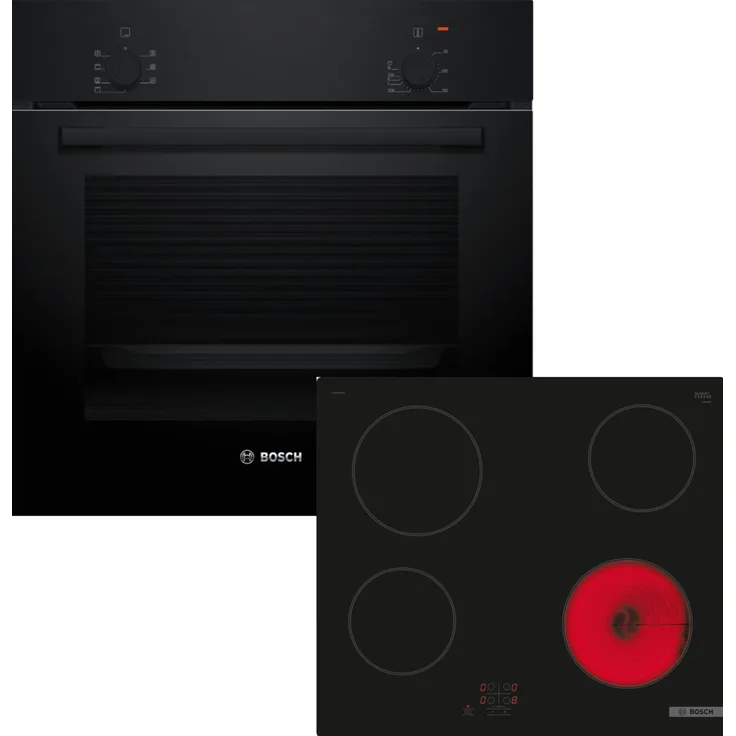 Bosch Einbau-Backofen-Set HBF010BA1 + PKE61RAA2E, Elektro-Backofen mit 5 Beheizungsarten, 66 l Garraumvolumen, Schwarz und Elektro-Kochfeld HBD211FB66, 60 cm, rahmenlos