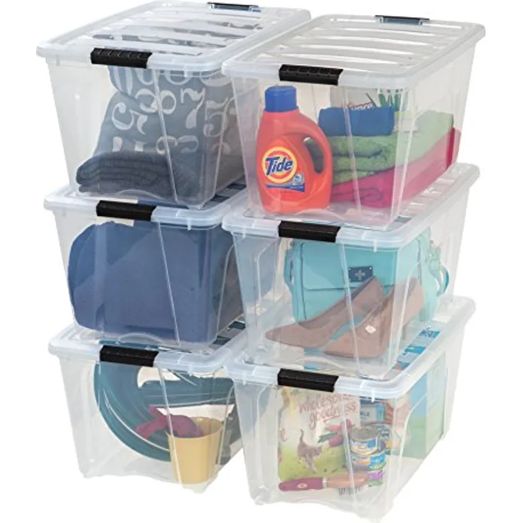 IRIS USA 53 Qt Kunststoff-Aufbewahrungsbehälter mit robustem Deckel und sicheren Verriegelungsschnallen, stapelbar und stapelbar, 6 Stück, transparent mit schwarzer Schnalle