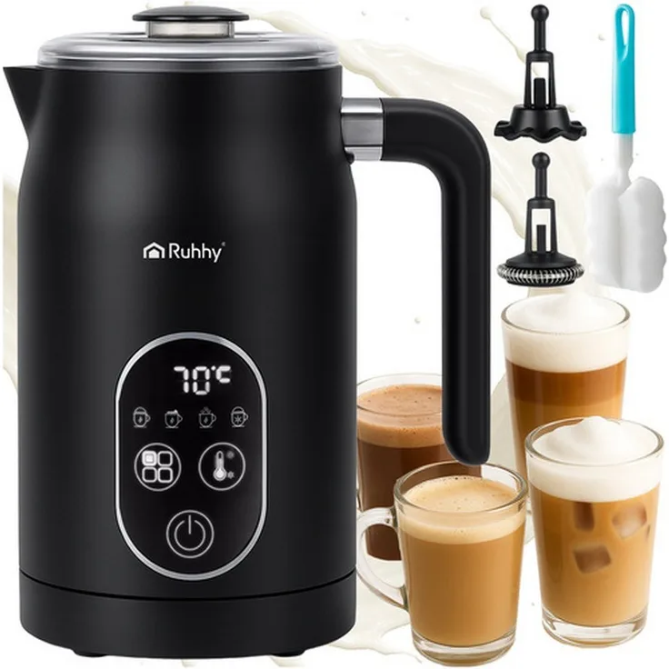 Ruhhy 4-in-1 Milchaufschäumer, elektrischer Milchaufschäumer mit 500 W, 270 ml Heizvolumen, 140 ml Schaumvolumen, leise (40–50 dB), schwarz