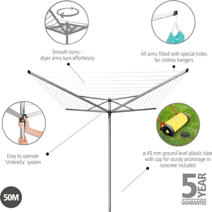 Brabantia Parapluie Wäschetrockner Topspinner 50m, rotierendes Design mit 3 einstellbaren Positionen und rutschfesten UV-beständigen Leinen – Bild 2