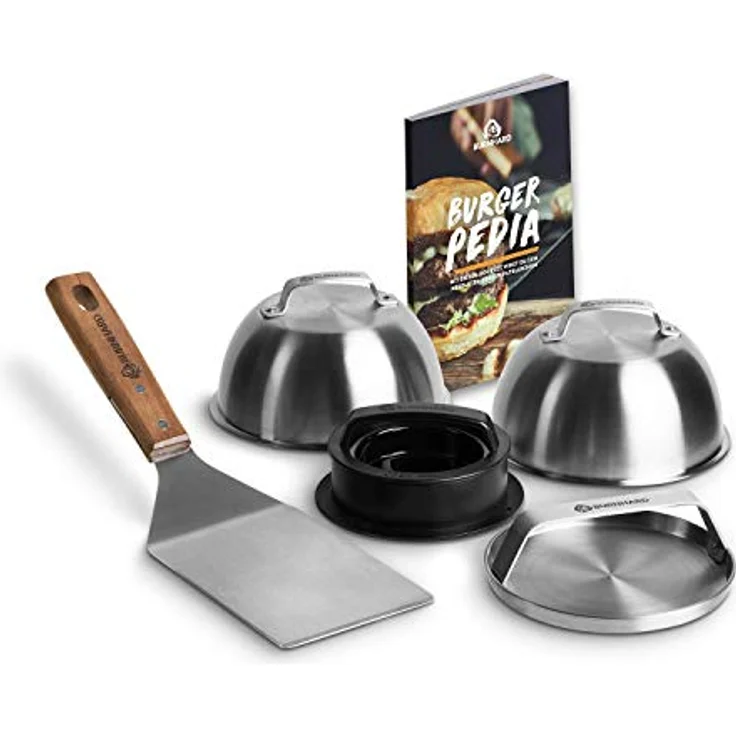 BURNHARD Burger-Set 6-TLG. inkl. Burgerpresse, Wender, Smasher, 2 Melting Domes aus Edelstahl und Rezeptheft – Bild 3