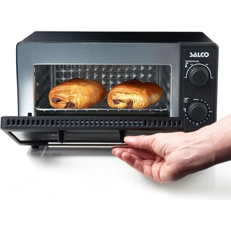 Salco Mini-Backofen MB-9001, 700W, Kapazität 9 Liter, Grill, Timer, Abschaltautomatik, Alu-Backblech und Rost, Toasten, Grillen, Überbacken, Großes Sichtfenster, schwarz-matt – Bild 4