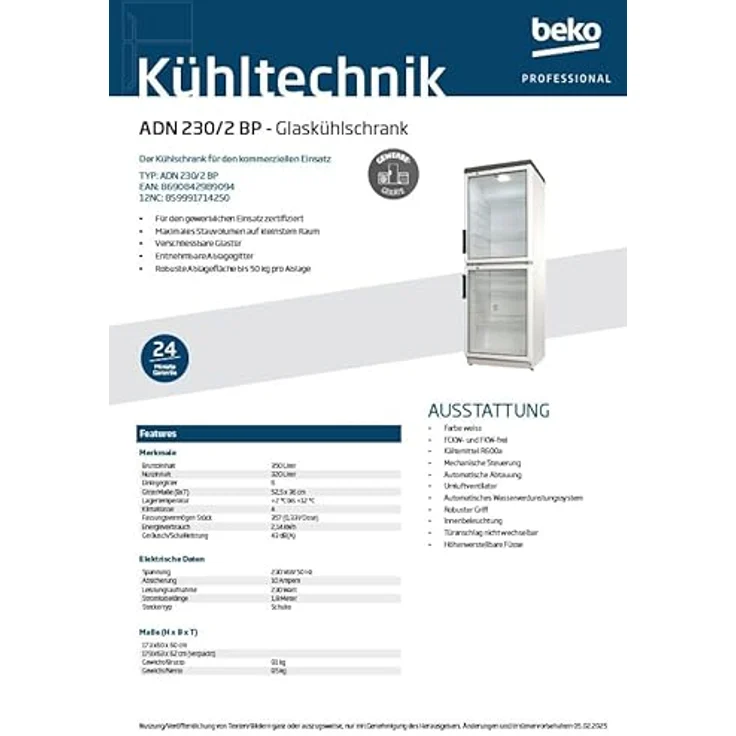 Beko ADN 230/2 BP, Glaskühlschrank 320L mit automatischer Abtauung, verschließbar, weiß, für gewerblichen Einsatz – Bild 3