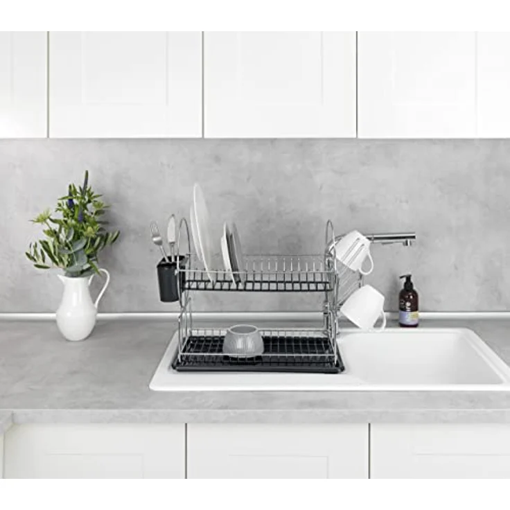 WENKO Geschirrabtropfer Premium Duo, Geschirr Abtropfständer für die Küche, Abtropfgestell mit Besteckkasten und Tellerständer, 52 x 36 x 24 cm, Silber-Schwarz – Bild 11