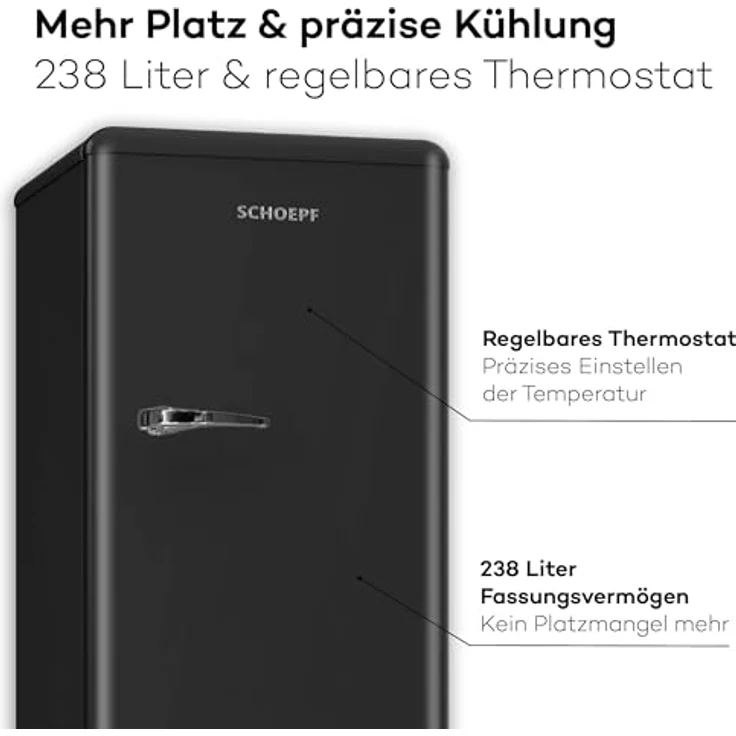 Schoepf Retro Vollraumkühlschrank RKS245B Schwarz matt 238 Liter Nutzinhalt LED-Beleuchtung Vintage Style – Bild 3