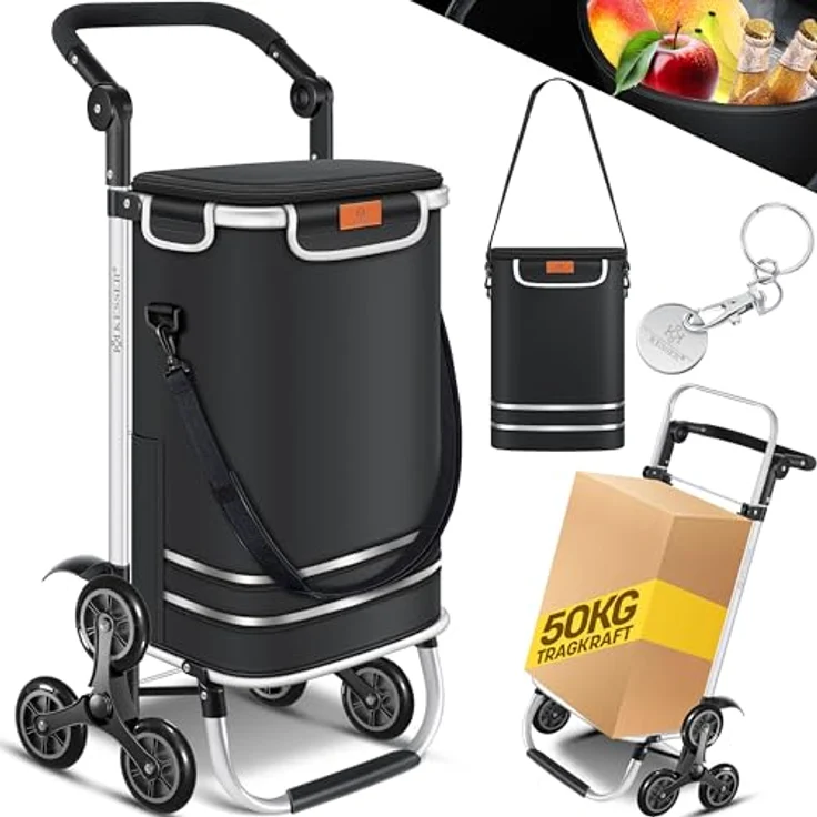 KESSER® Einkaufstrolley Treppensteiger 3in1 mit Kühltasche, klappbar, 56L Kapazität, belastbar bis 50kg, Schwarz – Bild 1