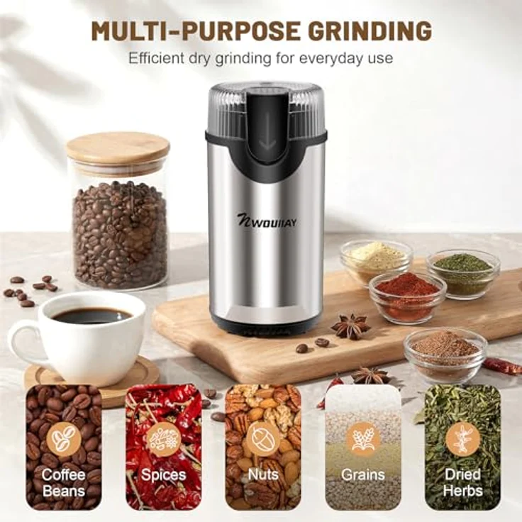 NWOUIIAY Elektrische Kaffeemühle 300W, 80g für Kaffeebohnen und Gewürze, Edelstahlklingen, kompakt und mehrzweckgeeignet – Bild 2