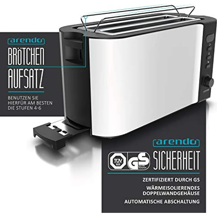 Arendo Edelstahl Toaster Langschlitz 4 Scheiben - Defrost Funktion - wärmeisolierendes Gehäuse - mit integrierten Brötchenaufsatz - 1500W - Krümelschublade - Display mit Restzeitanzeige - weiß matt – Bild 2