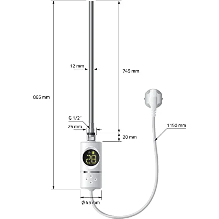 LuxeBath Elektrischer Badheizkörper Sahara 500x1500 mm, Weiß gebogen, 1200W mit Thermostat & Digitalanzeige, Handtuchheizkörper & Trockner – Bild 5