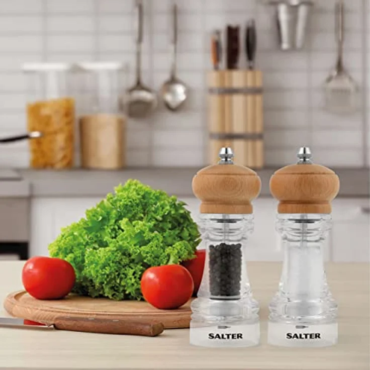 Salz- und Pfeffermühlen-Set, Küchenmühle aus Buchenholz, Keramikmühle für Härtere, Schärfere Mahlung, ideal für HIMALAYA-Salz und Pfeffer, Verstellbare Mühlen Fein- Grob Dispenser – Bild 9