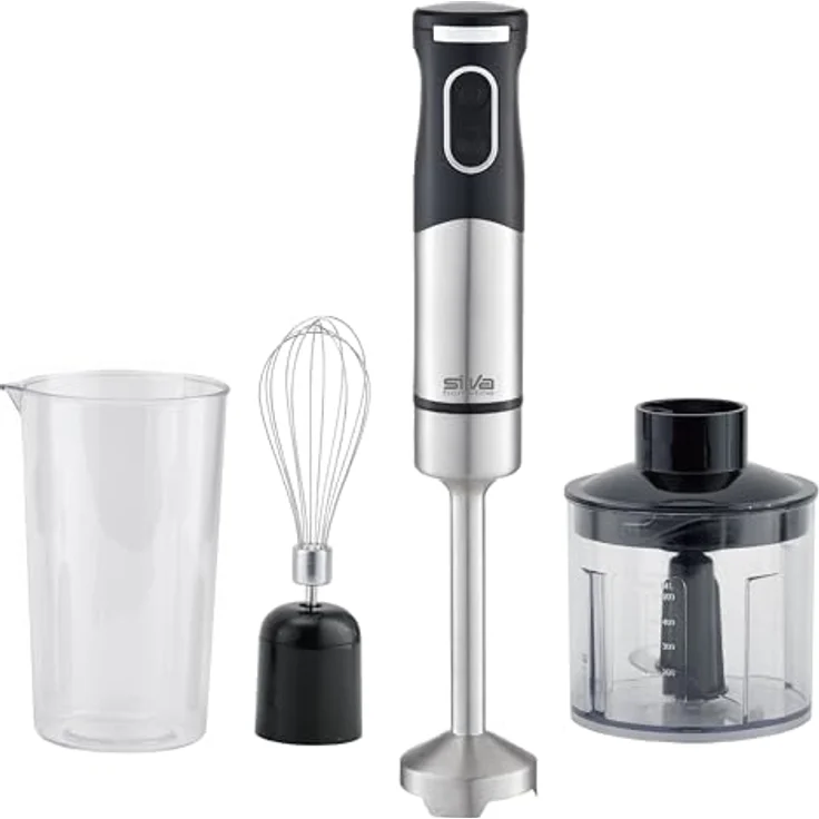 SILVA Schneider Edelstahl Stabmixer Set – 700 Watt, 2 Geschwindigkeitsstufen, Multizerkleinerer, Schneebesen & Messbecher, Extra Leiser DC Motor, 18.000 U/Min – Schwarz, SMS 6502 – Bild 1