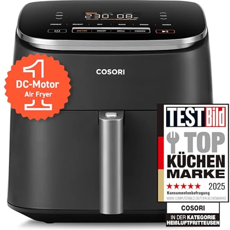 COSORI Turboblaze Heißluftfritteuse Airfryer XXL 6L Schwarz-Silber, leiser DC Motor, 5 Geschwindigkeitsstufen, 87 Rezepte, energiesparend