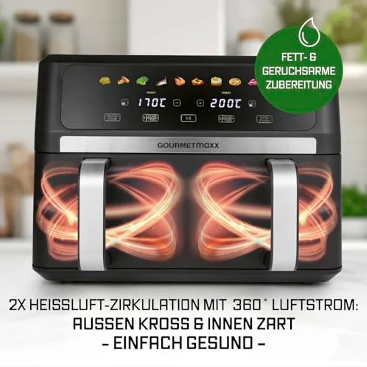 GOURMETmaxx Heißluftfritteuse AirGenius 10 l (2 x 5 l), Vario-Kammer, 2800 W, 10 Programme, Multi-Colour-LED-Touch-Display – Bild 7