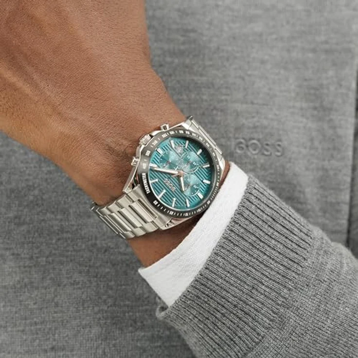 BOSS Strike Chrono, Chronograph Quarz Uhr für Herren mit grünem Sonnenstrahl-Zifferblatt und silbernem Edelstahlarmband, 41 mm, 5 ATM wasserfest, 1514241 – Bild 4