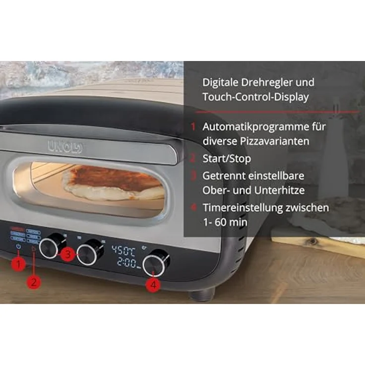 Unold Pizzaofen Alfredo 68806 – Premium Pizzaofen für Steinofenpizza, 450 °C Temperatur, Pizzastein, schnelles Aufheizen, mit Touch-Control-Display, doppelverglaster Tür und Pizzaschieber – Bild 2