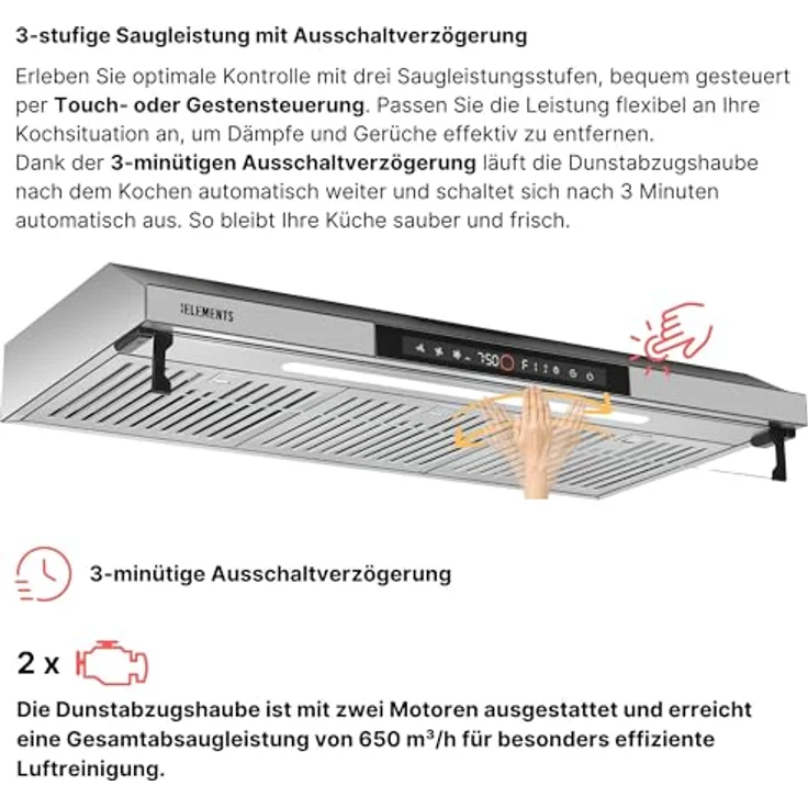 KB ELEMENTS Dunstabzugshaube 90cm, Umluft/Abluft mit 650m³/h Saugleistung, doppeltem Motor und Touch-Gestensteuerung – Bild 4